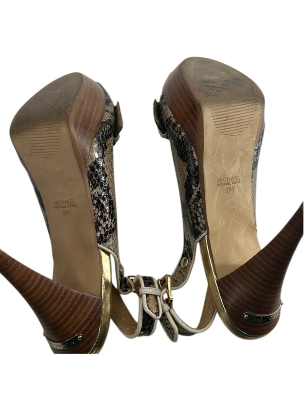 Michael Kors platform heels Snakeskin Sling Back Peep Toe y2k wood look Size 8M